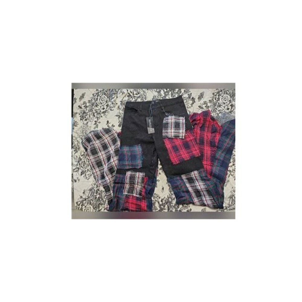 Dolls Kill Current Mood Plaid Color Block Jeans Super Flared